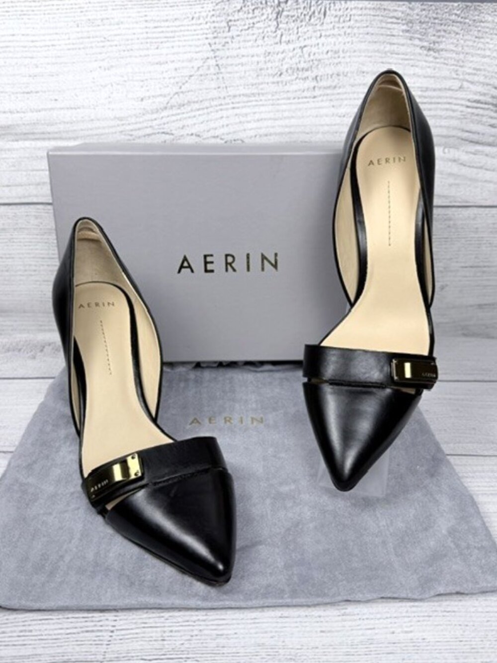🖤 NIB AERIN Fatima Black Leather Pointed Toe D'Orsay Pumps Heels Size 8